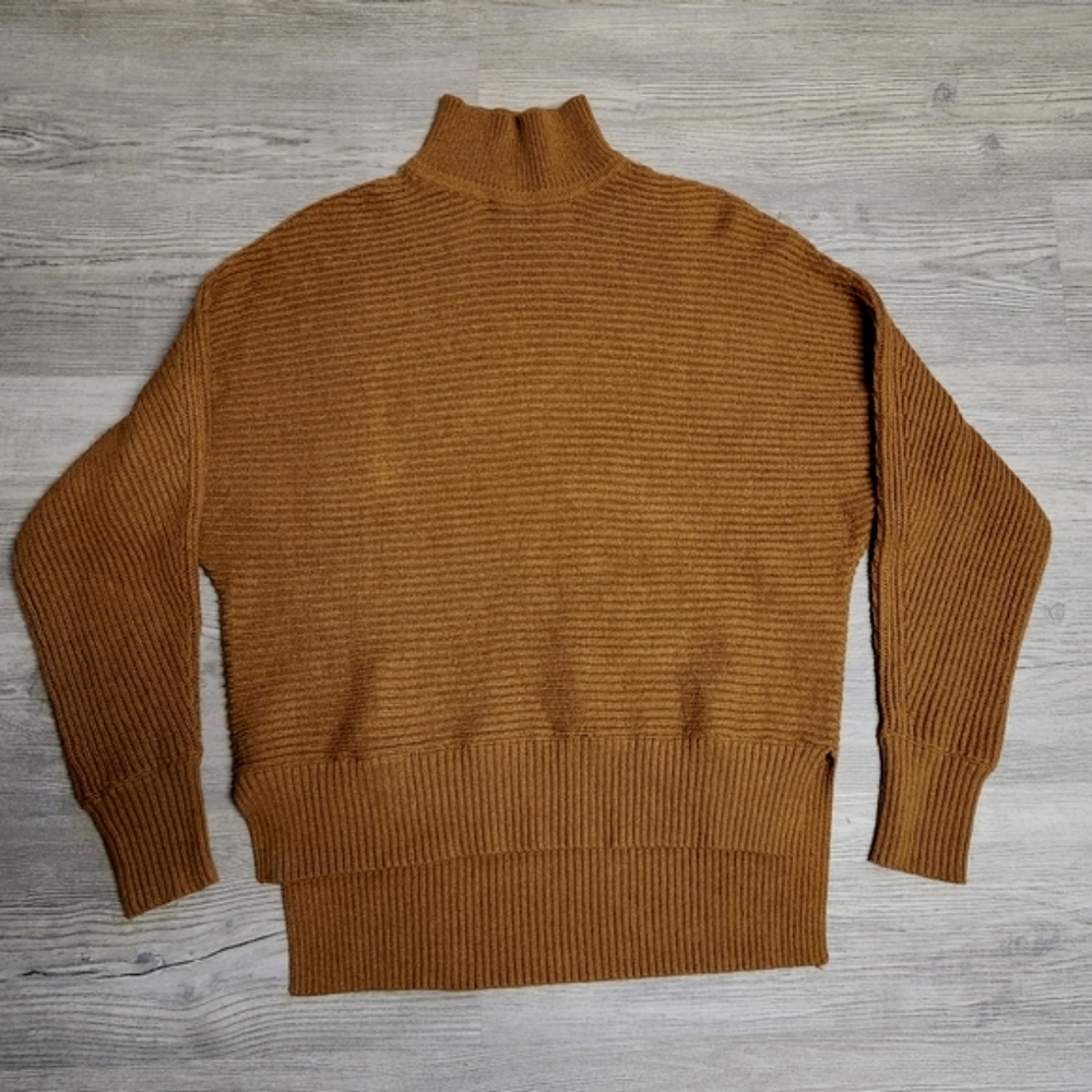 LOFT Cotton Ribbed Knit High Low Mock Neck Turtleneck Sweater Autumn Medium